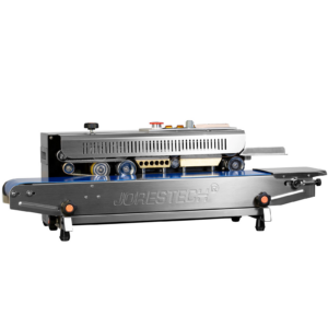 Selladora continua de banda JORES TECHNOLOGIES® horizontal y vertical de acero inoxidable. La máquina está configurada para aplicaciones horizontales.