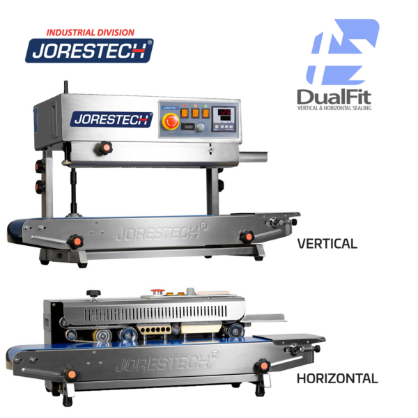 Posicionamiento vertical y horizontal de la selladora continua de banda JORES TECHNOLOGIES® de acero inoxidable con contador. El logotipo de ajuste dual con flechas indica que esta selladora de bolsas de sobremesa puede utilizarse en aplicaciones verticales y horizontales.