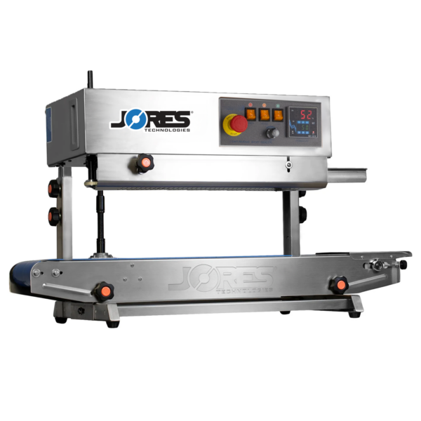Selladora continua de banda horizontal y vertical de acero inoxidable JORES TECHNOLOGIES® con dial digital de control de temperatura.
