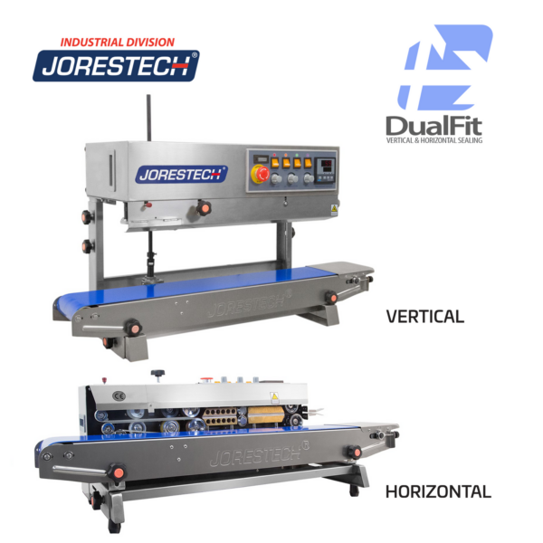 Posicionamiento vertical y horizontal de la selladora continua de banda de acero inoxidable JORES TECHNOLOGIES®. El logotipo de doble orientación con flechas indica que esta selladora de bolsas de sobremesa puede utilizarse tanto para aplicaciones verticales como horizontales.