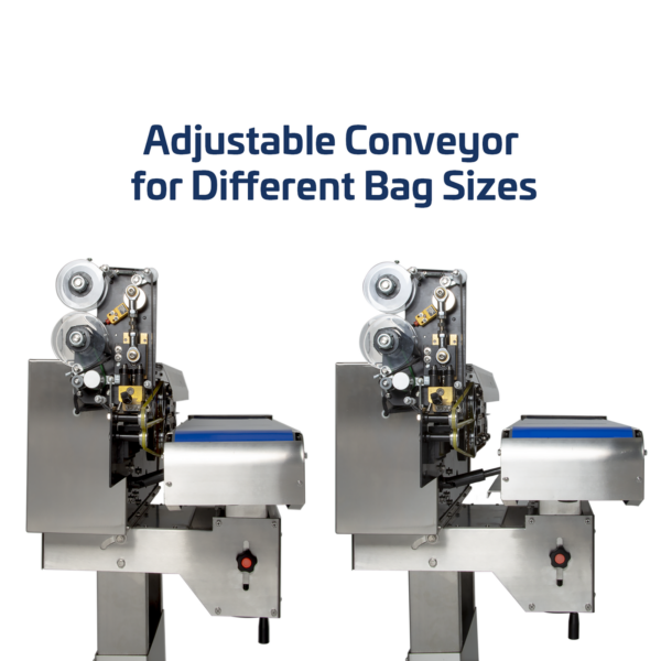 Dos selladoras continuas horizontales de banda JORES TECHNOLOGIES® una junto a la otra para indicar que la sección de la banda giratoria puede separarse del cuerpo de la selladora de bolsas para sellar bolsas más grandes.