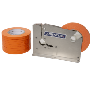 Un cerrador de bolsas de acero inoxidable junto a 10 rollos de cinta adhesiva naranja