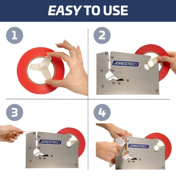 Una secuencia de cuatro pasos que muestra cómo colocar la cinta adhesiva en la selladora manual de bolsas JORES TECHNOLOGIES®. El banner dice: