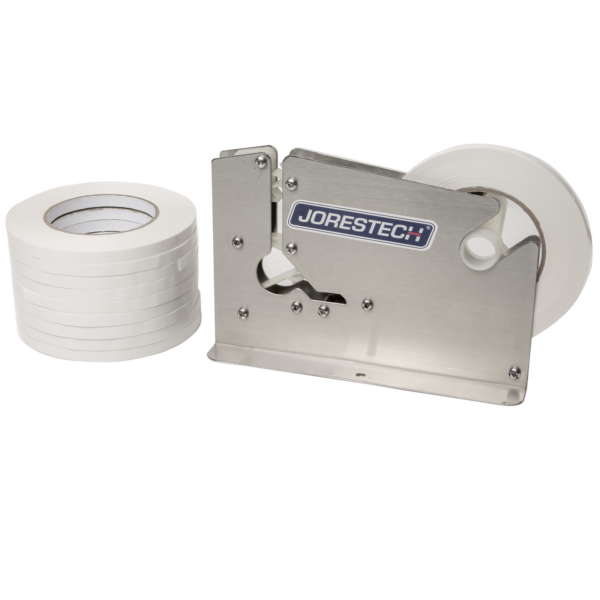 Un cerrador de bolsas de acero inoxidable junto a 10 rollos de cinta adhesiva blanca
