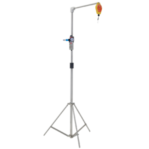 trípode de acero inoxidable con equilibrador de resorte amarillo y medidor negro