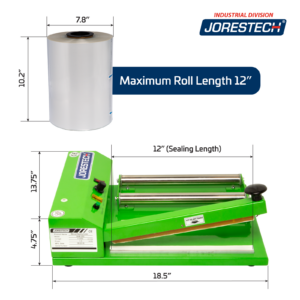 Muestra un rollo de film retráctil JORES TECHNOLOGIES® y una máquina dispensadora selladora de film retráctil con sus respectivas medidas. El texto junto al rollo retráctil dice