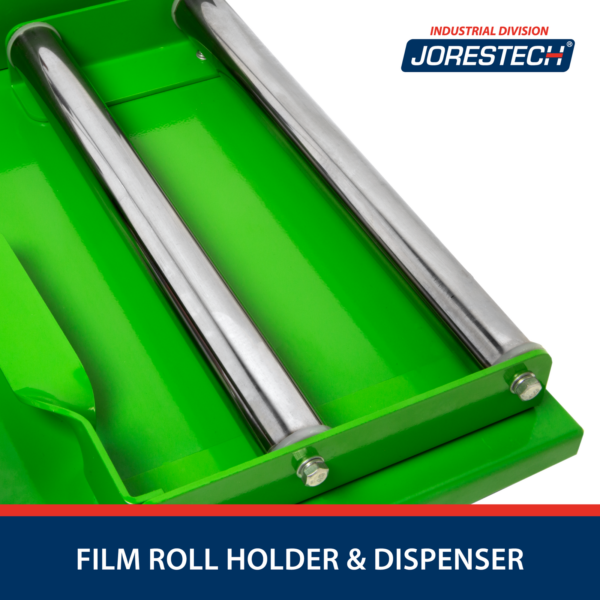 Primer plano de las barras portarrollos del rollo retráctil en una dispensadora y selladora de film para envoltura retráctil. El texto inferior dice “Portarrollos y dispensador de film”.