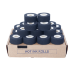 Paquete de 24 rollos de tinta caliente negra de 16 mm para sellos, colocados sobre su caja original de cartón