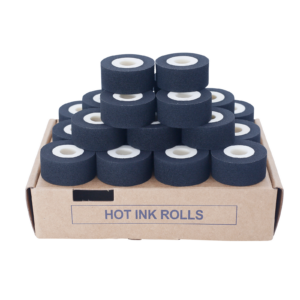 Paquete de 24 rollos de tinta caliente negra de 16 mm para sellos, colocados sobre su caja original de cartón