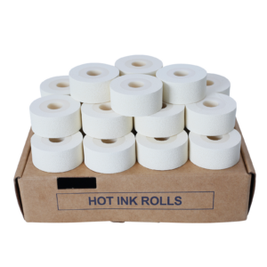 Paquete de 24 rollos de tinta caliente blanca de 16 mm colocados sobre su caja original de cartón