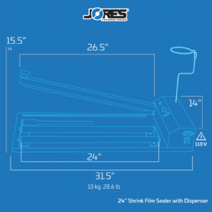 Muestra un rollo de film retráctil JORES TECHNOLOGIES® y una unidad verde de empaque retráctil JORES TECHNOLOGIES® con sus respectivas medidas. Un texto azul junto al rollo retráctil dice