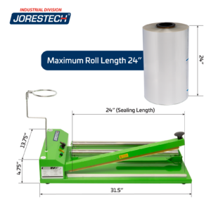 Muestra un rollo de película retráctil JORES TECHNOLOGIES® y una unidad verde de empaque termorretráctil JORES TECHNOLOGIES® con sus respectivas medidas. Un texto azul junto al rollo retráctil dice