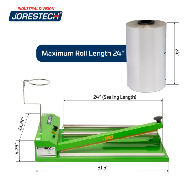 Muestra un rollo de película retráctil JORES TECHNOLOGIES® y una unidad verde de empaque termorretráctil JORES TECHNOLOGIES® con sus respectivas medidas. Un texto azul junto al rollo retráctil dice