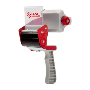dispensador de cinta de embalaje gris y rojo con logo HAL rojo