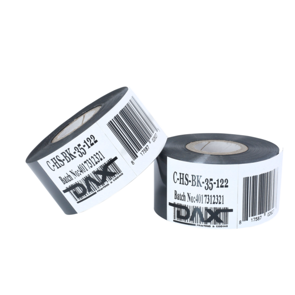 set de 2 rollos de foil para estampado en caliente DAX negros de 35 mm sobre fondo blanco