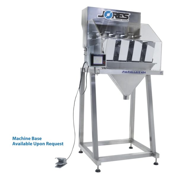 La pesadora lineal de 4 cabezales de acero inoxidable JORES TECHNOLOGIES® mostrada en vista frontal y colocada en su base, que puede venderse por separado a solicitud