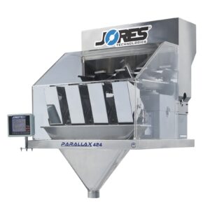 La máquina pesadora lineal de 4 cabezales de acero inoxidable JORES TECHNOLOGIES® para envasado de cantidades de productos a granel y de flujo libre mostrada en vista diagonal