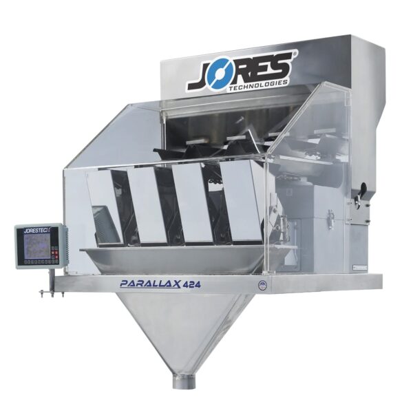 La máquina pesadora lineal de 4 cabezales de acero inoxidable JORES TECHNOLOGIES® para envasado de cantidades de productos a granel y de flujo libre mostrada en vista diagonal
