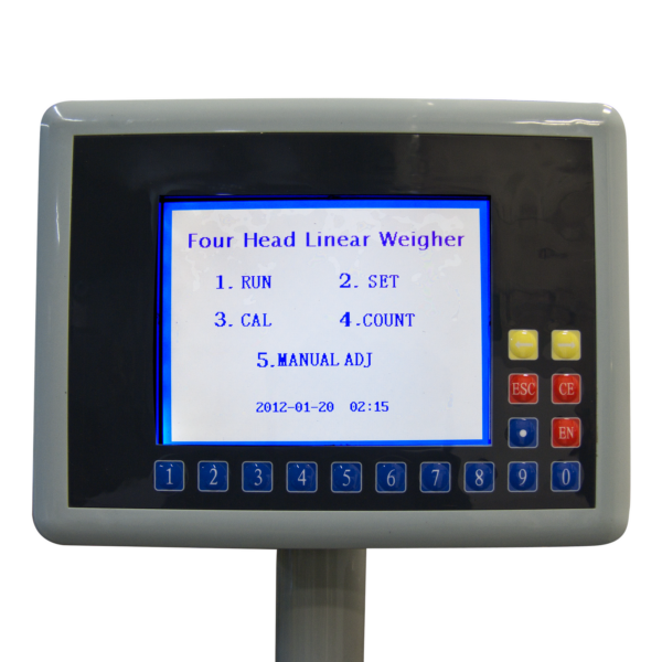 Panel de control con pantalla LCD en una máquina pesadora lineal de 4 cabezales JORES TECHNOLOGIES® ®. La pantalla está encendida y muestra las opciones de Run, Set, Calibrate, Count y ajuste manual.