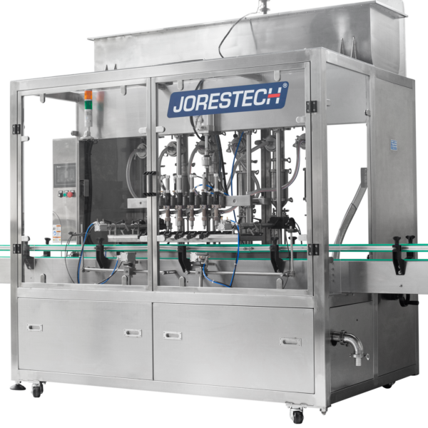 vista ampliada de la máquina llenadora lineal de pistón de 6 cabezales JORES TECHNOLOGIES®