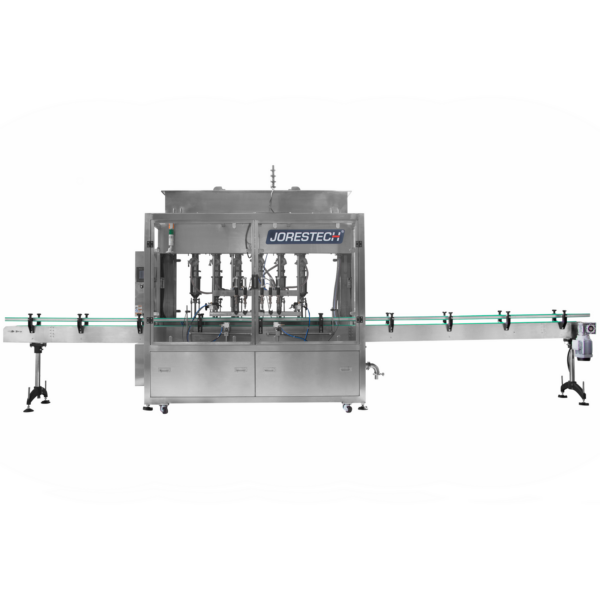 Máquina llenadora de pistón en línea de 6 cabezales de alta precisión JORES TECHNOLOGIES® con transportador