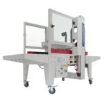 Máquina selladora de cajas blanca con barras de tracción laterales rojas y el logotipo de JORES TECHNOLOGIES® en el lateral