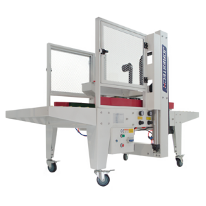 Máquina selladora de cajas blanca con barras de tracción laterales rojas y el logotipo de JORES TECHNOLOGIES® en el lateral