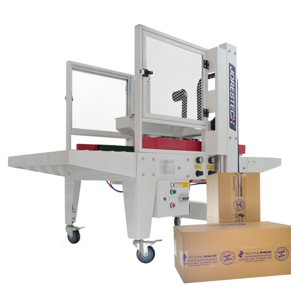 Máquina automática selladora de cajas blanca con amplias barras de tracción laterales rojas junto a cajas de cartón frente a la máquina