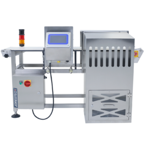 Detector de metales de acero inoxidable JORES TECHNOLOGIES® con sistema de rechazo, panel de control digital y cinta transportadora motorizada blanca