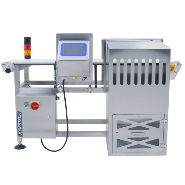 Detector de metales de acero inoxidable JORES TECHNOLOGIES® con sistema de rechazo, panel de control digital y cinta transportadora motorizada blanca
