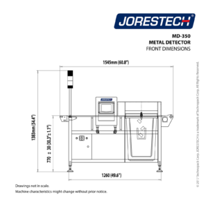 infografía de las dimensiones frontales de detector de metales de acero con transportador blanco con logotipo azul de JORES TECHNOLOGIES®
