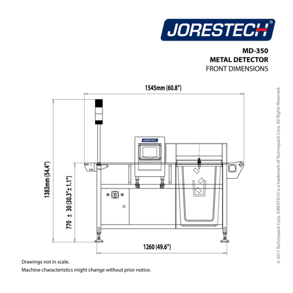 infografía de las dimensiones frontales de detector de metales de acero con transportador blanco con logotipo azul de JORES TECHNOLOGIES®