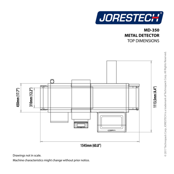 infografía de las dimensiones superiores del detector de metales de acero con transportador blanco y logotipo azul de JORES TECHNOLOGIES®