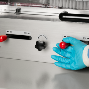 Primer plano de un operador con un guante azul de EPP operando una máquina de envasado horizontal flow pack