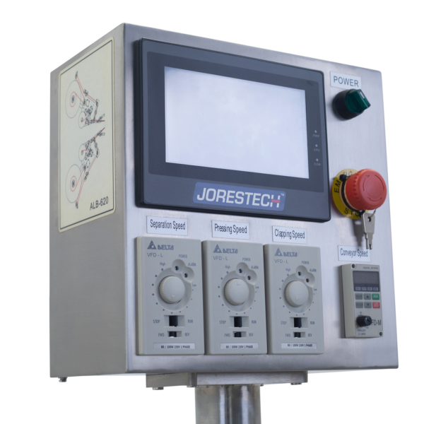 primer plano del panel de control digital del aplicador automático doble de etiquetas de acero inoxidable para envases planos y ovalados de JORES TECHNOLOGIES®