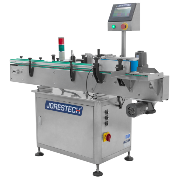 Aplicador automático de etiquetas de acero inoxidable para envases redondos pequeños con rieles de protección de JORES TECHNOLOGIES®
