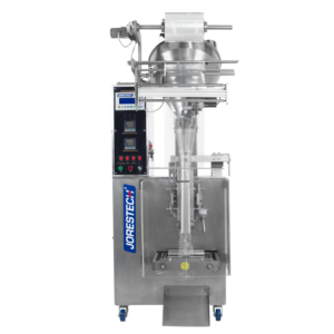 Vista frontal de una máquina formadora, llenadora y selladora vertical VFFS de JORES TECHNOLOGIES® para envasado de polvo.