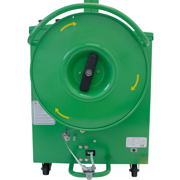 Primer plano del dispensador de fleje de la máquina automática de flejado con fleje de polietileno Jorestech, donde se instala el fleje. Las flechas amarillas describen el movimiento de rotación del cilindro durante el funcionamiento.