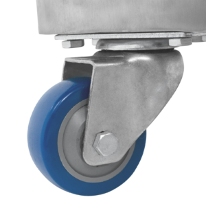 Primer plano de una rueda azul perteneciente a la máquina Vertical Form Fill and Seal (VFFS) de JORES TECHNOLOGIES® para envasar polvos en paquetes tipo sachet