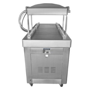 Lado de la envasadora al vacío comercial de doble cámara de acero inoxidable de 220 V con doble barra de sellado de 23 pulgadas. La máquina se muestra con la tapa abierta para que puedan apreciarse las barras de sellado térmicas.