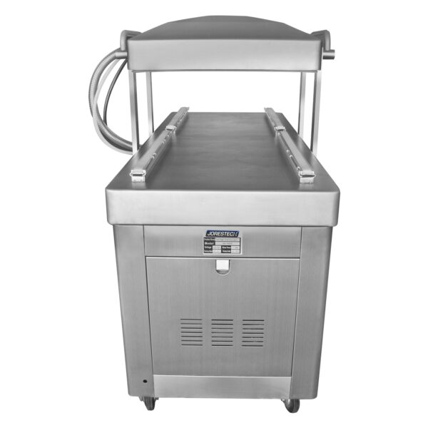 Lado de la envasadora al vacío comercial de doble cámara de acero inoxidable de 220 V con doble barra de sellado de 23 pulgadas. La máquina se muestra con la tapa abierta para que puedan apreciarse las barras de sellado térmicas.