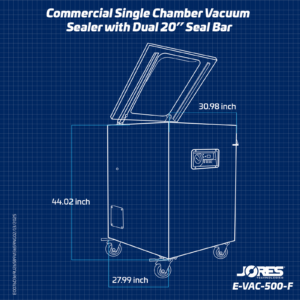 Tabla de dimensiones de la envasadora al vacío comercial de una sola cámara JORES TECHNOLOGIES® de acero inoxidable