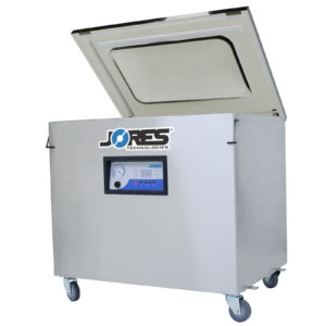 Selladora al vacío comercial de una sola cámara JORES TECHNOLOGIES® de acero inoxidable, autoportante, con doble barra de sellado en L y ruedas