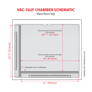 No está a escala. El diagrama muestra las medidas interiores de la cámara JORES TECHNOLOGIES® VAC-762F. El texto dice: Las barras de sellado están en configuración en L. Las medidas son 32