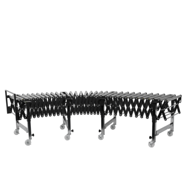transportador de rodillos por gravedad curvo de acero negro y acero inoxidable con ruedas giratorias de JORES TECHNOLOGIES®