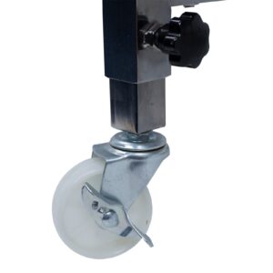 Primer plano del pomo de ajuste de altura y una rueda giratoria blanca del transportador de ruedas skate por gravedad de JORES TECHNOLOGIES®