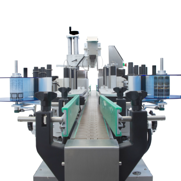Transportador de cadena plana en la aplicadora automática dual de etiquetas para envases redondos y planos de JORES TECHNOLOGIES®