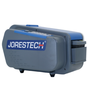 Dispensador eléctrico de cinta de papel kraft engomada de JORES TECHNOLOGIES®. Muestra parte del panel de control y el extremo de salida de la cinta.
