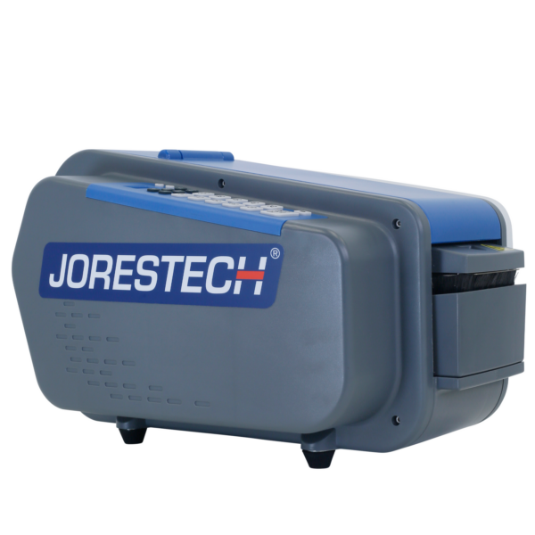Dispensador eléctrico de cinta de papel kraft engomada de JORES TECHNOLOGIES®. Muestra parte del panel de control y el extremo de salida de la cinta.