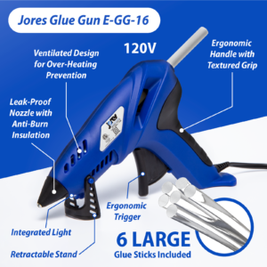Infografía azul y blanca que destaca varias características de una pistola de pegamento azul y negra. Incluye 6 barras de pegamento grandes transparentes